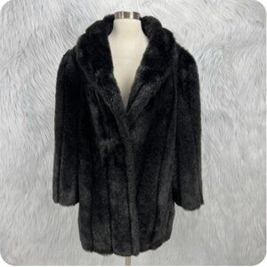 Jordache VTG 80s XL Sz 17/18 Black Faux Fur Mid Length Coat- MINT CONDITION